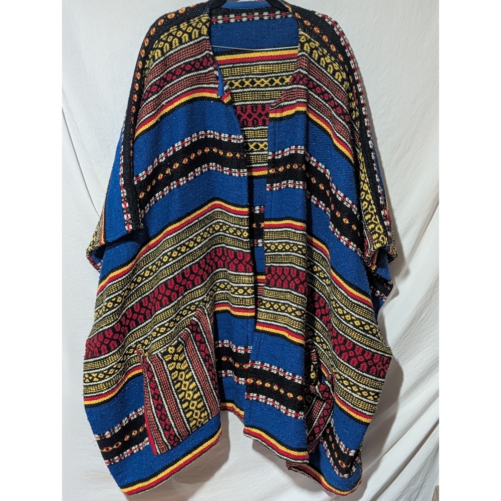 Vintage Woven Poncho Ruana Jacket Wool Blend Geometric Boho One Size